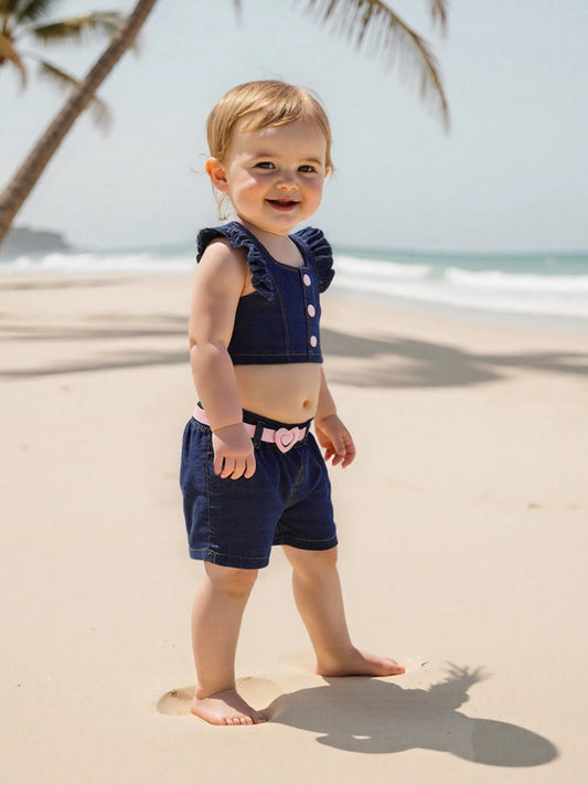 Adorable Baby Girls Summer Outfits Ruffle Sleeve Denim Blouse and Elastic Waist Denim Shorts with Belt - Fashionable Matching - Clothesfassion.store