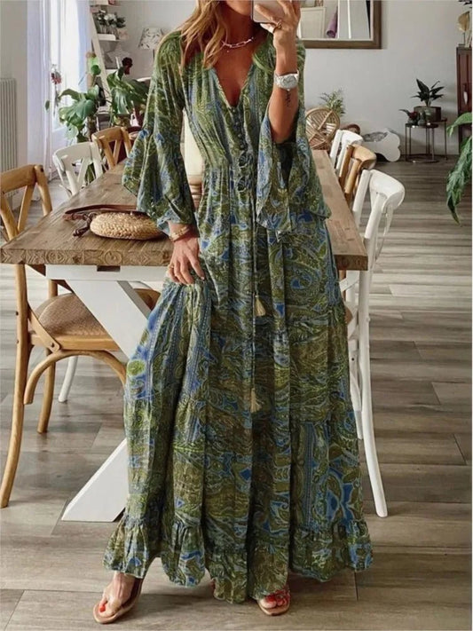 Spring Autumn Women's Fashion Bohemian Style Flare Sleeves Printed V - neck High Waist Dress Fragmented Flower Women's Long Dress - Clothesfassion.store