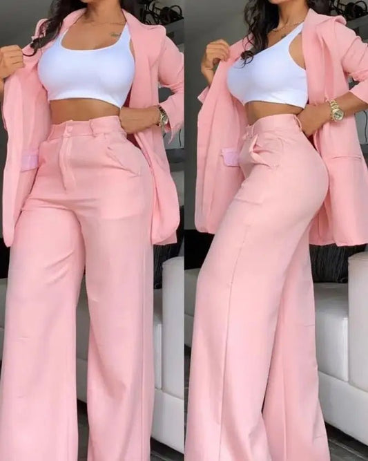 Two Pieces Set for Women Autumn 2024 New Fashion Casual Solid Daily Commuter Notched Collar Blazer Coat&pocket Design Pants Set - Clothesfassion.store