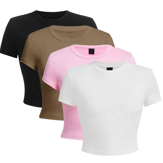 Y2K Woman Solid Cotton Crop Tops Short Sleeve High Elastic T-Shirt Soft O - Neck Sporty Tees Summer Street Fashion Female Clothes - Clothesfassion.store