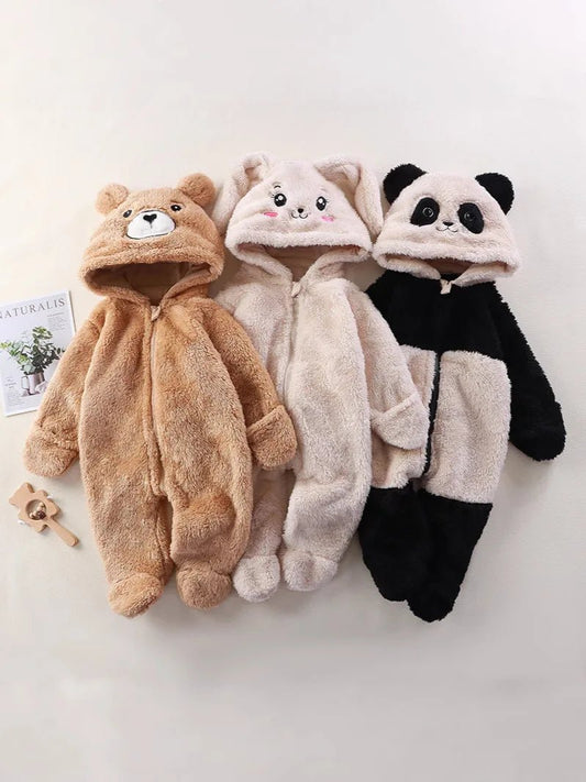 2025 Autumn Winter Baby Romper Cartoon Fluffy Panda Rabbit Bear Jumpsuit Boys Girls Soft Warm Cotton Outwear Clothes - Clothesfassion.store