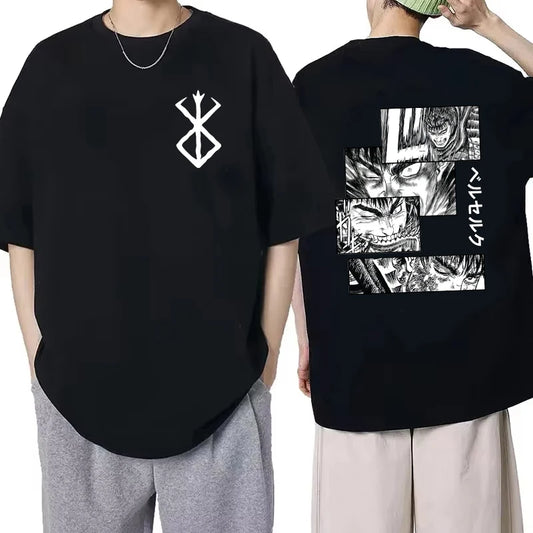 Japan Anime Berserk T-Shirt Guts Print Graphic Tee Men's 90s Summer Short Sleeve Casual Manga Dark Fantasy Black Swordsman Style