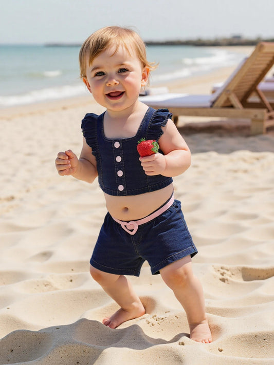 Adorable Baby Girls Summer Outfits Ruffle Sleeve Denim Blouse and Elastic Waist Denim Shorts with Belt - Fashionable Matching - Clothesfassion.store