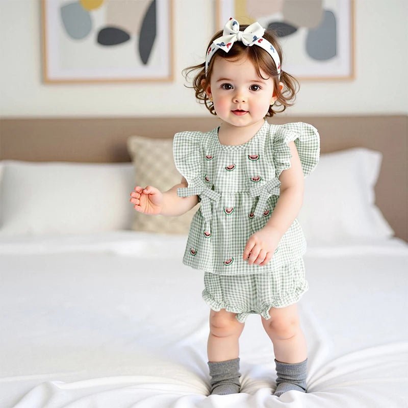 Adorable Infant Girl s Summer Ensemble with Cute Watermelon Embroidered Plaid Flutter Sleeve Blouse and Matching Shorts 2 - Clothesfassion.store