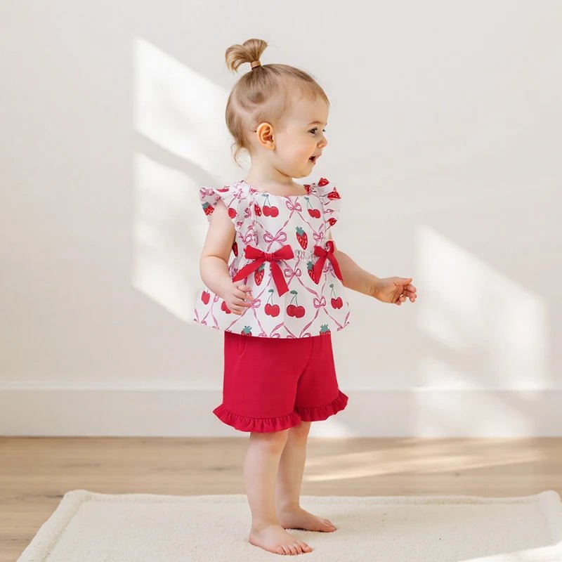 Adorable Infant Girl Sunsuit Watermelon Patterned Flutter Sleeve Blouse with Matching Shorts 2 Piece Ensemble - Clothesfassion.store