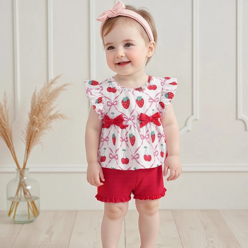 Adorable Infant Girl Sunsuit Watermelon Patterned Flutter Sleeve Blouse with Matching Shorts 2 Piece Ensemble - Clothesfassion.store
