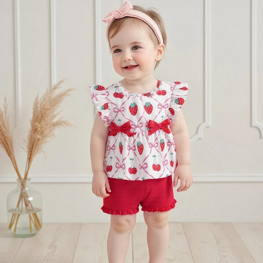 Adorable Infant Girl Sunsuit Watermelon Patterned Flutter Sleeve Blouse with Matching Shorts 2 Piece Ensemble - Clothesfassion.store