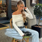 Candyhot Solid Elegant Off Shoulder Ribbed Crop Tops Autumn Fashion Casual Skinny Long Sleeve Camis Gentle Y2K Tight T-shirts - Clothesfassion.store