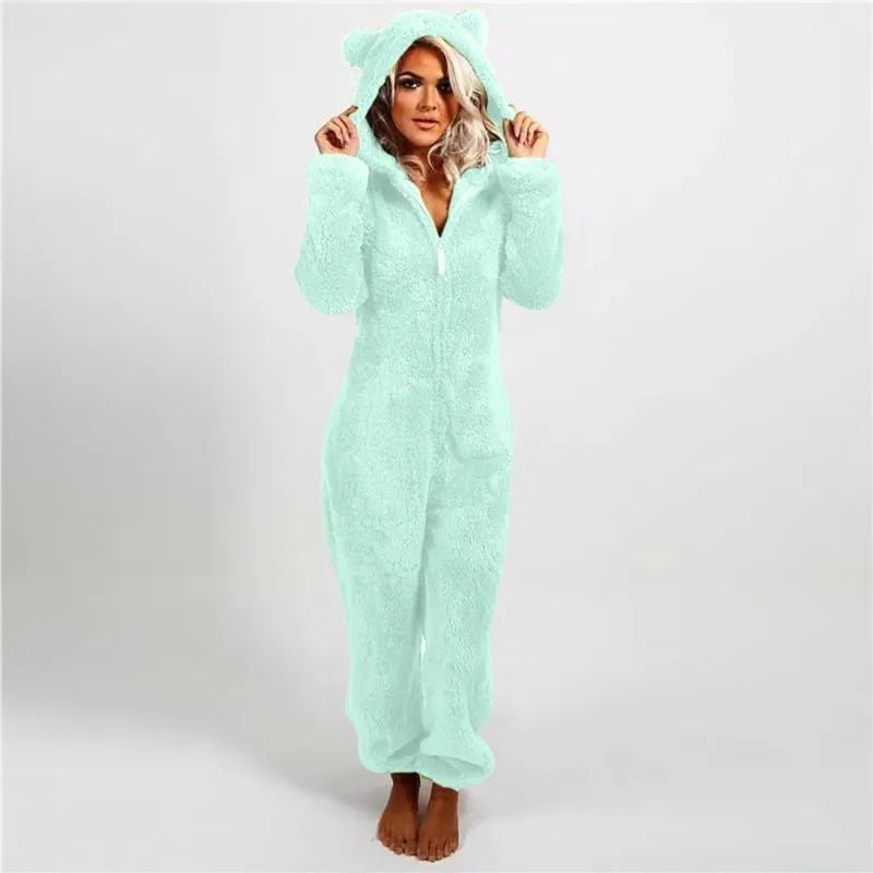 Casual Cute Women's Thick Warm Furry Jumpsuit One - Piece Solid color Hooded Pants Set Home Wear Comfortable Jumpsuits Overall - Clothesfassion.store