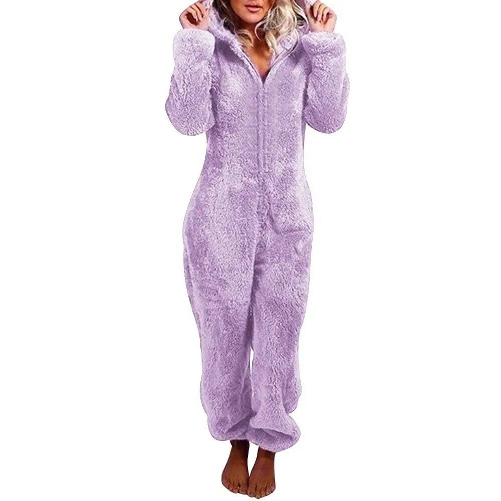 Casual Cute Women's Thick Warm Furry Jumpsuit One - Piece Solid color Hooded Pants Set Home Wear Comfortable Jumpsuits Overall - Clothesfassion.store
