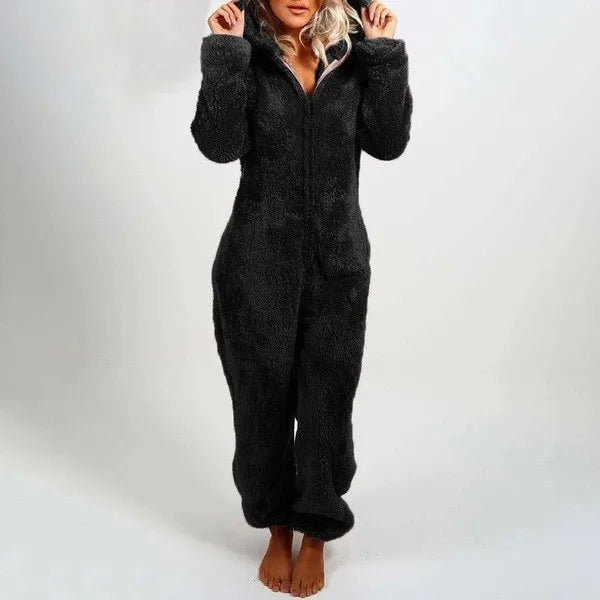 Casual Cute Women's Thick Warm Furry Jumpsuit One - Piece Solid color Hooded Pants Set Home Wear Comfortable Jumpsuits Overall - Clothesfassion.store