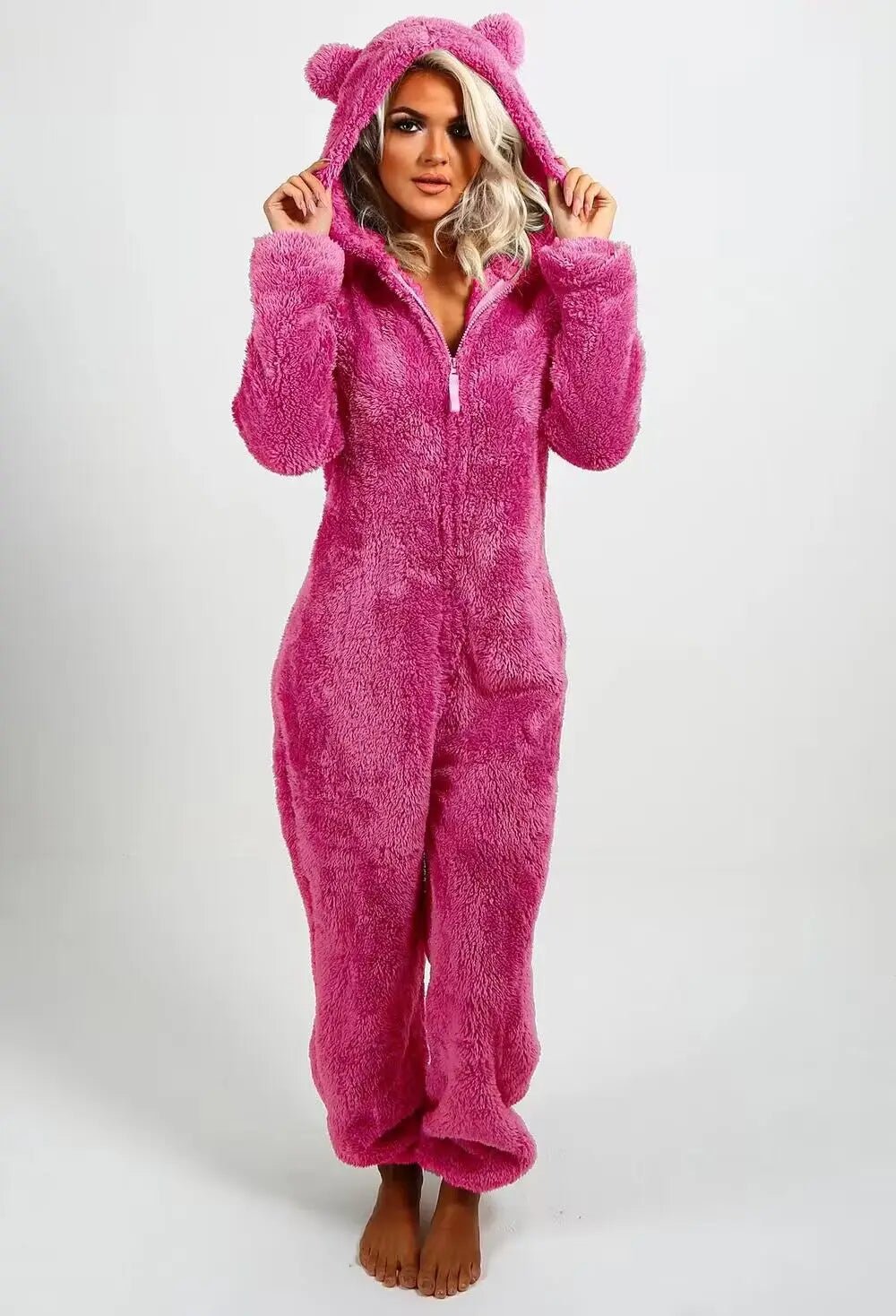 Casual Cute Women's Thick Warm Furry Jumpsuit One - Piece Solid color Hooded Pants Set Home Wear Comfortable Jumpsuits Overall - Clothesfassion.store