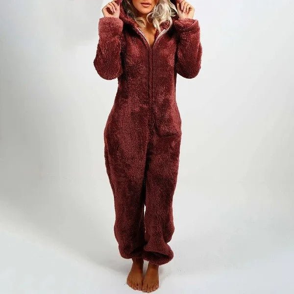 Casual Cute Women's Thick Warm Furry Jumpsuit One - Piece Solid color Hooded Pants Set Home Wear Comfortable Jumpsuits Overall - Clothesfassion.store