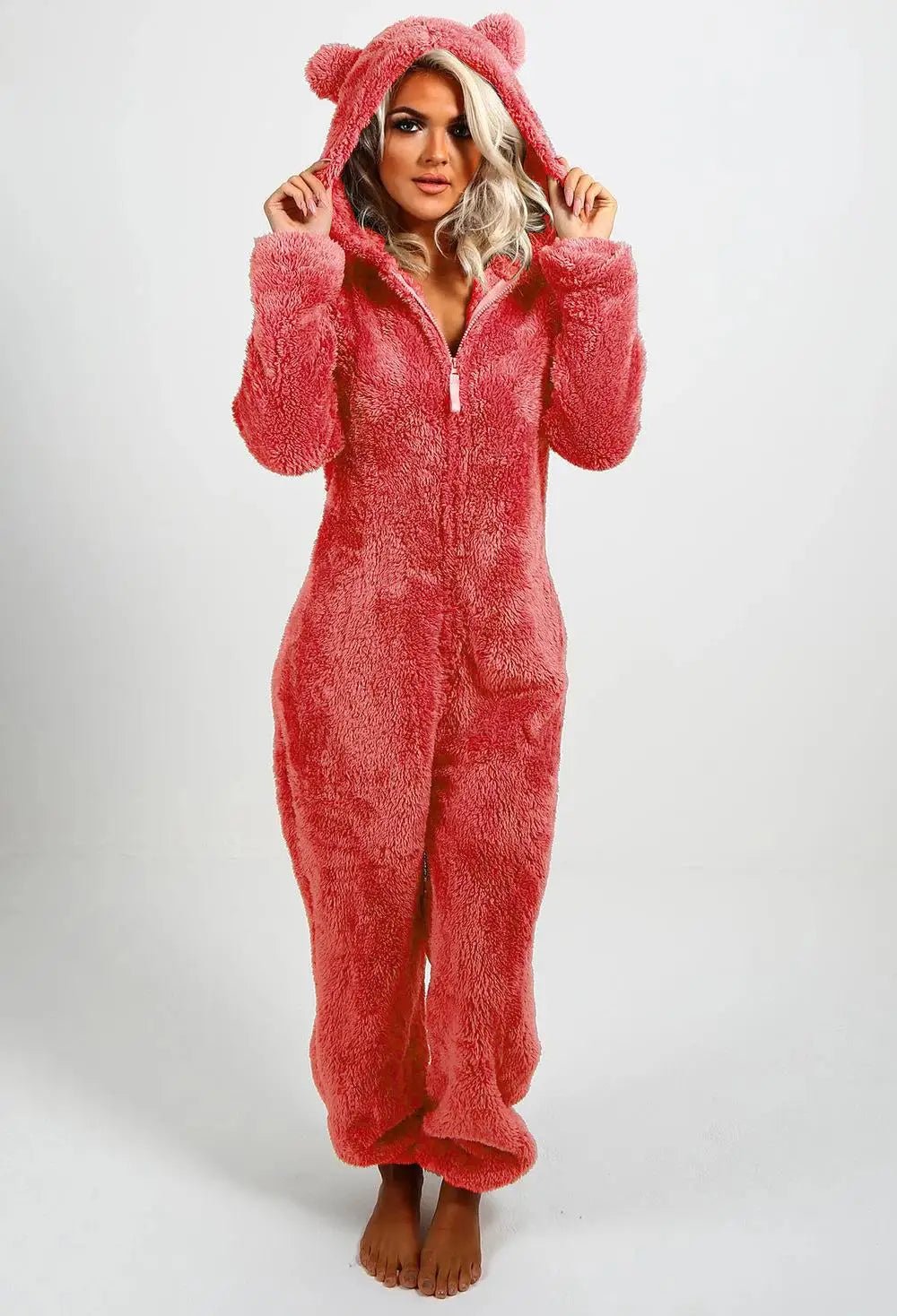Casual Cute Women's Thick Warm Furry Jumpsuit One - Piece Solid color Hooded Pants Set Home Wear Comfortable Jumpsuits Overall - Clothesfassion.store