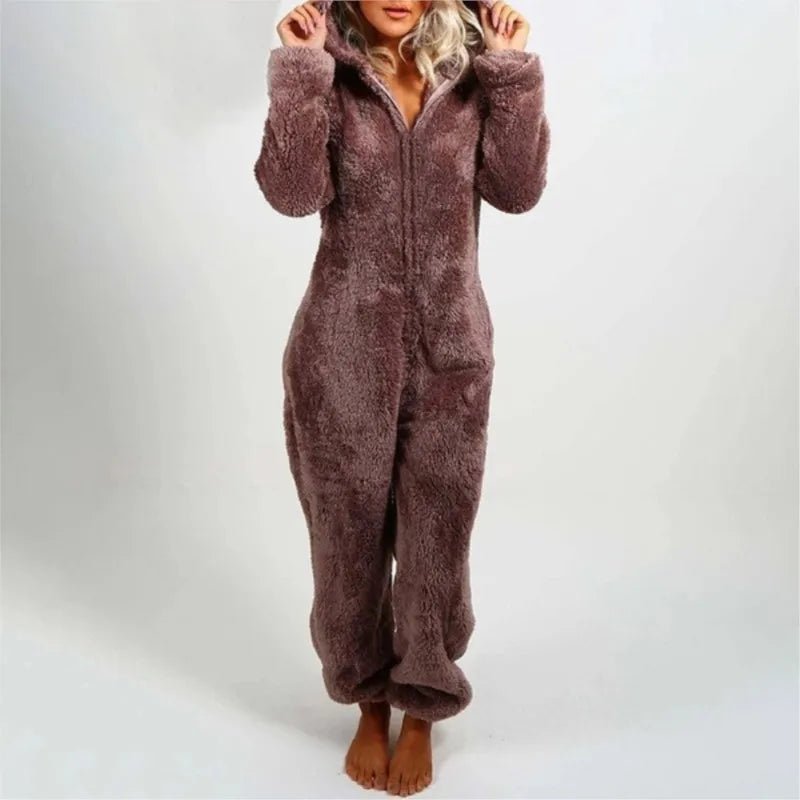Casual Cute Women's Thick Warm Furry Jumpsuit One - Piece Solid color Hooded Pants Set Home Wear Comfortable Jumpsuits Overall - Clothesfassion.store