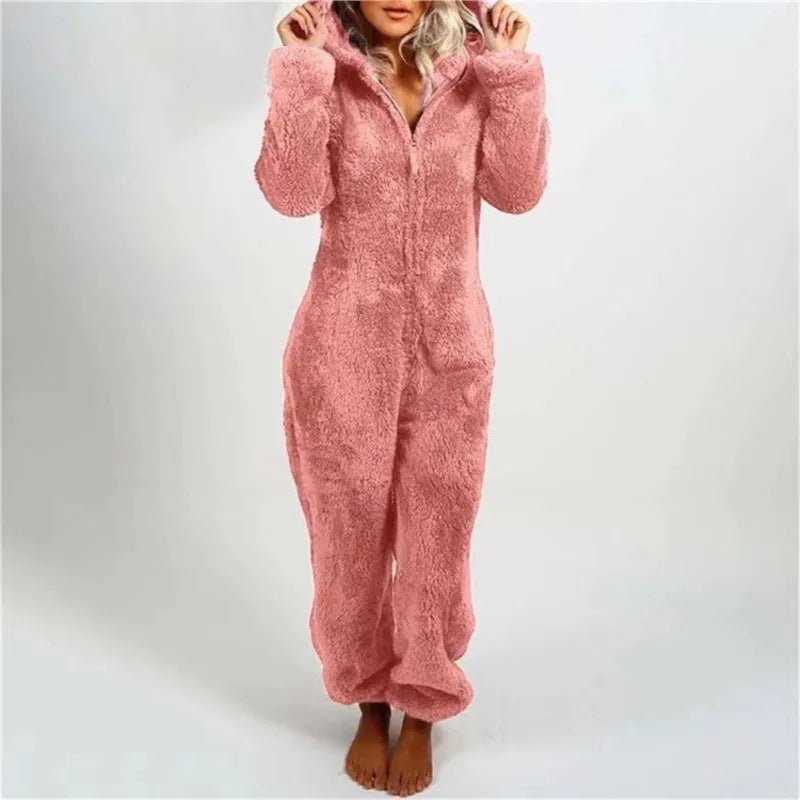 Casual Cute Women's Thick Warm Furry Jumpsuit One - Piece Solid color Hooded Pants Set Home Wear Comfortable Jumpsuits Overall - Clothesfassion.store