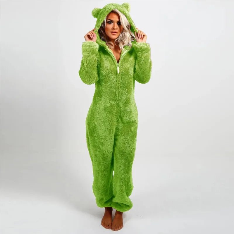 Casual Cute Women's Thick Warm Furry Jumpsuit One - Piece Solid color Hooded Pants Set Home Wear Comfortable Jumpsuits Overall - Clothesfassion.store