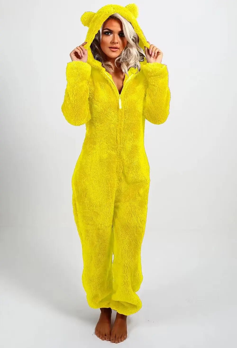 Casual Cute Women's Thick Warm Furry Jumpsuit One - Piece Solid color Hooded Pants Set Home Wear Comfortable Jumpsuits Overall - Clothesfassion.store