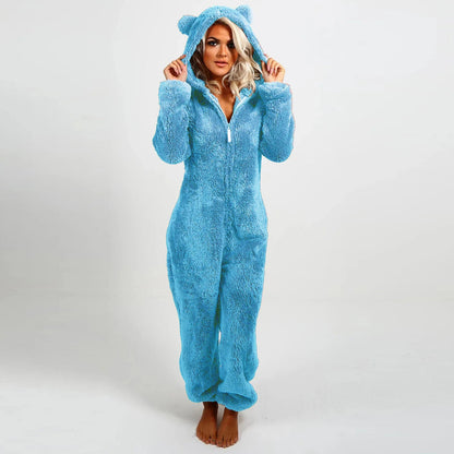 Casual Cute Women's Thick Warm Furry Jumpsuit One - Piece Solid color Hooded Pants Set Home Wear Comfortable Jumpsuits Overall - Clothesfassion.store
