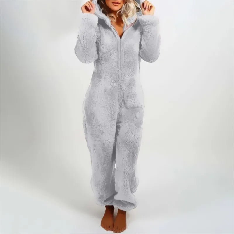 Casual Cute Women's Thick Warm Furry Jumpsuit One - Piece Solid color Hooded Pants Set Home Wear Comfortable Jumpsuits Overall - Clothesfassion.store