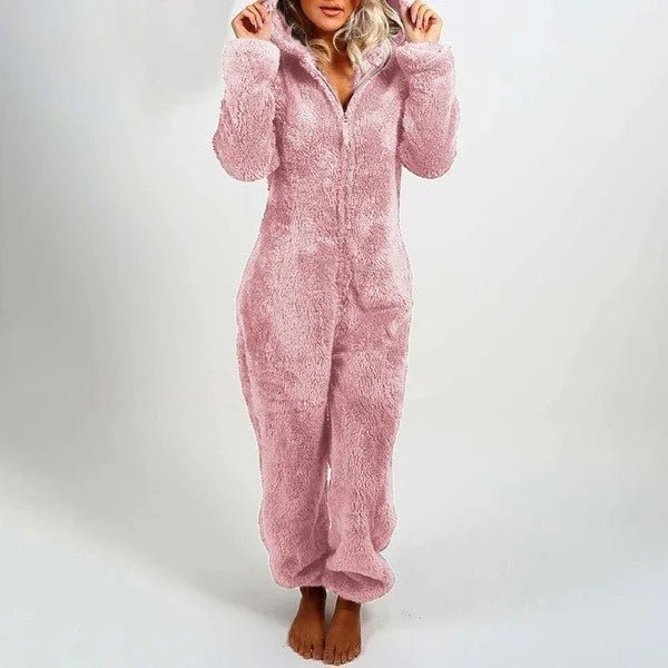 Casual Cute Women's Thick Warm Furry Jumpsuit One - Piece Solid color Hooded Pants Set Home Wear Comfortable Jumpsuits Overall - Clothesfassion.store
