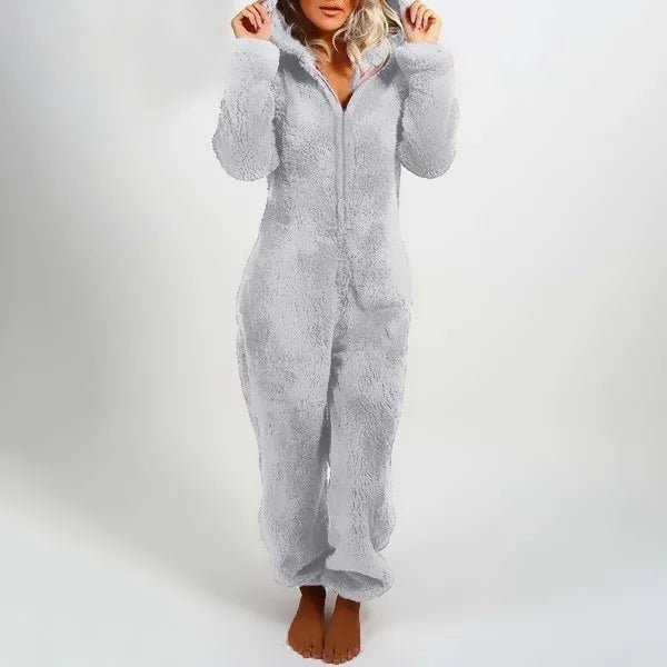 Casual Cute Women's Thick Warm Furry Jumpsuit One - Piece Solid color Hooded Pants Set Home Wear Comfortable Jumpsuits Overall - Clothesfassion.store