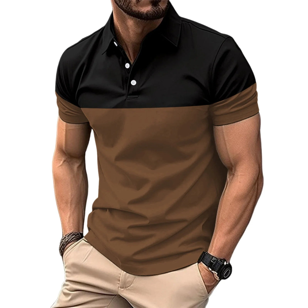 Casual Men s V Neck T-Shirt with Button Lapel and Stylish Contrast Color Design Perfect for Summer Outfits - Clothesfassion.store