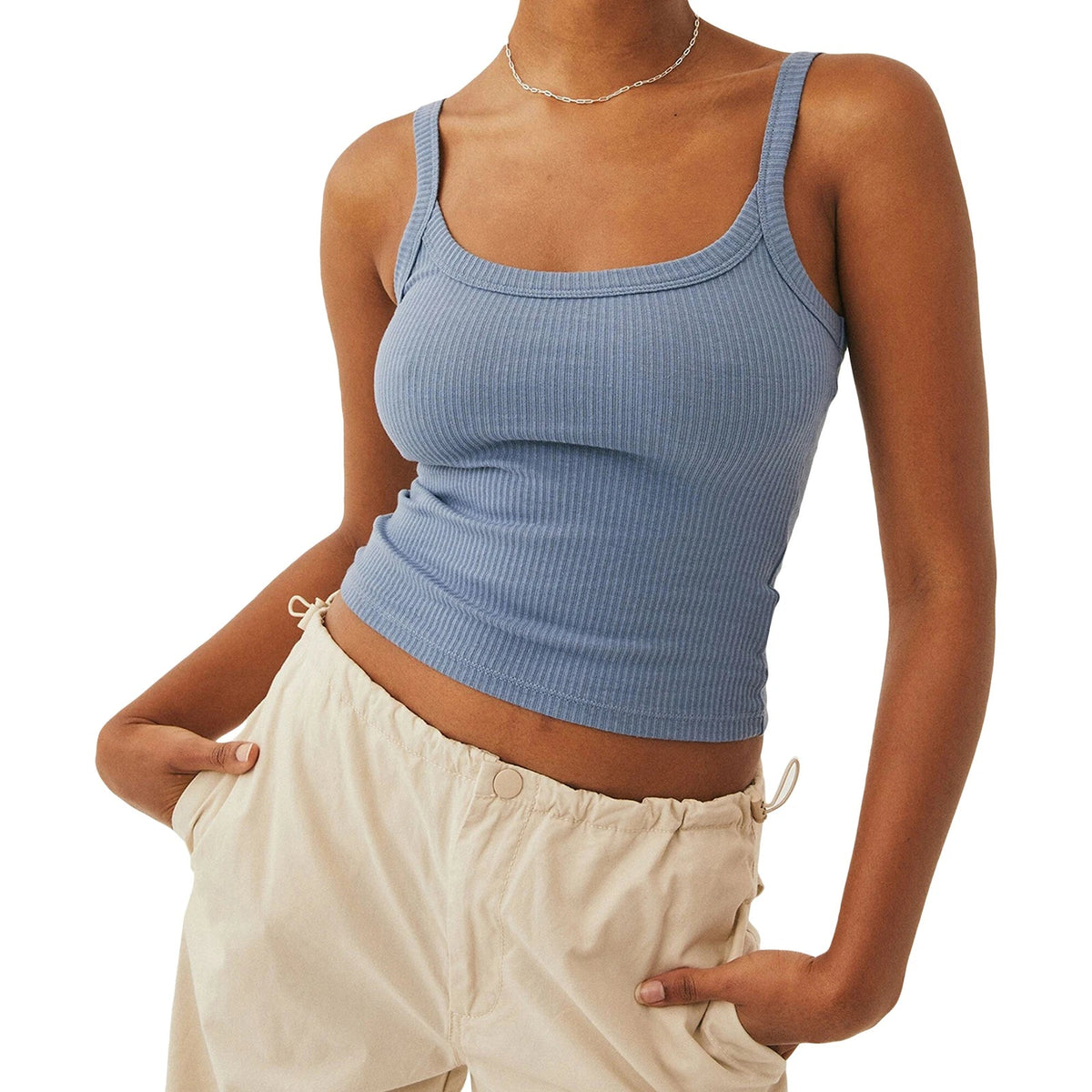 Combhasaki Women's Summer Solid Color Cleanfit Crop Tank Tops Basic Sleeveless Round Neck Slim Fit Backless Y2K Ribbed Vest - Clothesfassion.store