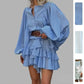 Elegant Lantern Sleeve Ruffle Edge Women Dress Casual O - Neck Pleated Single Breasted Loose Short Skirt Holiday Banquet Dress - Clothesfassion.store