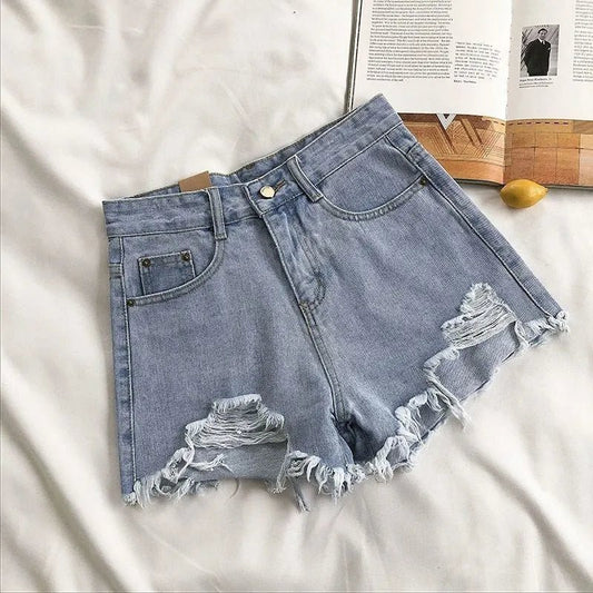 Fashion Casual Tassel Ripped Shorts Women 2026 Summer High Waist Denim Jeans Y2K Hot Pants Streetwear Korean Blue Cowboy Shorts - Clothesfassion.store