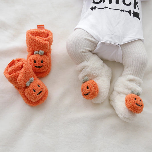 Halloween Pumpkin Baby Booties Stay On Slipper Winter Warm Soft Shoes Newborn Crib Sock Shoes - Clothesfassion.store