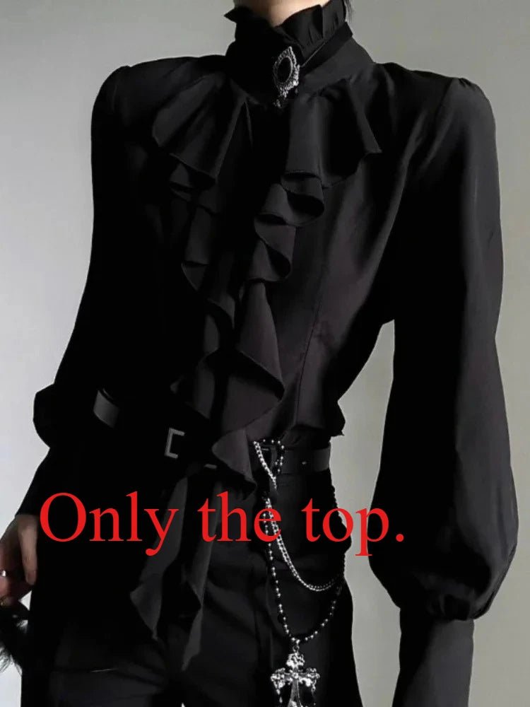 Harajuku Vintage Black Bottoming Shirt Women Stand Collar Ruffles Slim Blouses Japanese Victorian Long Sleeve Blusas De Mujer - Clothesfassion.store