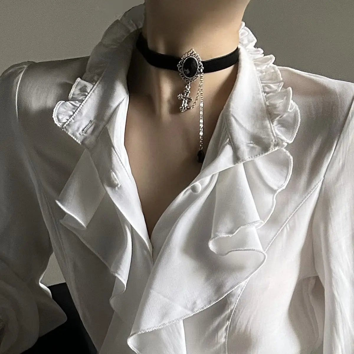 Harajuku Vintage Black Bottoming Shirt Women Stand Collar Ruffles Slim Blouses Japanese Victorian Long Sleeve Blusas De Mujer - Clothesfassion.store