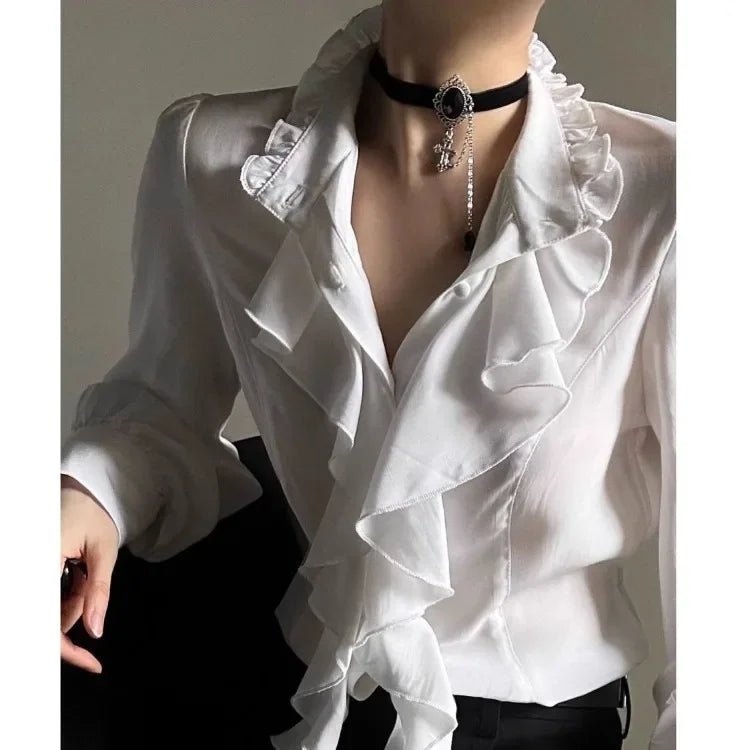 Harajuku Vintage Black Bottoming Shirt Women Stand Collar Ruffles Slim Blouses Japanese Victorian Long Sleeve Blusas De Mujer - Clothesfassion.store