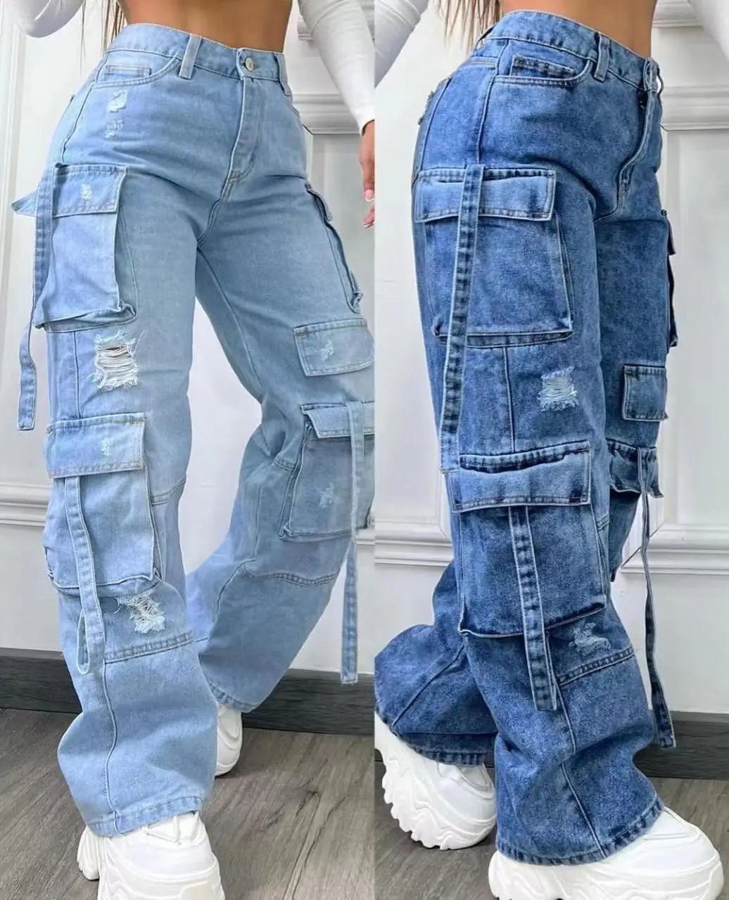 High Waist Multi Pocket Jeans Women 2025 New Fashionable Solid Color Versatile Large Size Cargo Pants - Clothesfassion.store