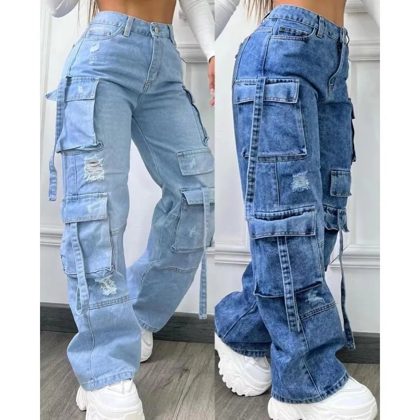 High Waist Multi Pocket Jeans Women 2025 New Fashionable Solid Color Versatile Large Size Cargo Pants - Clothesfassion.store