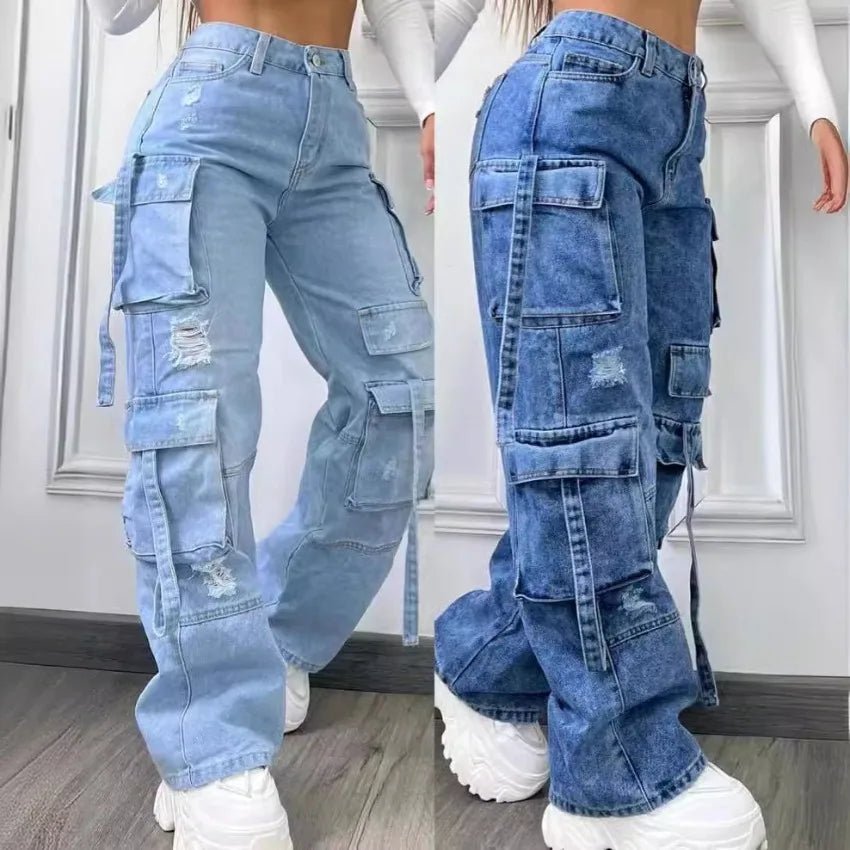 High Waist Multi Pocket Jeans Women 2025 New Fashionable Solid Color Versatile Large Size Cargo Pants - Clothesfassion.store