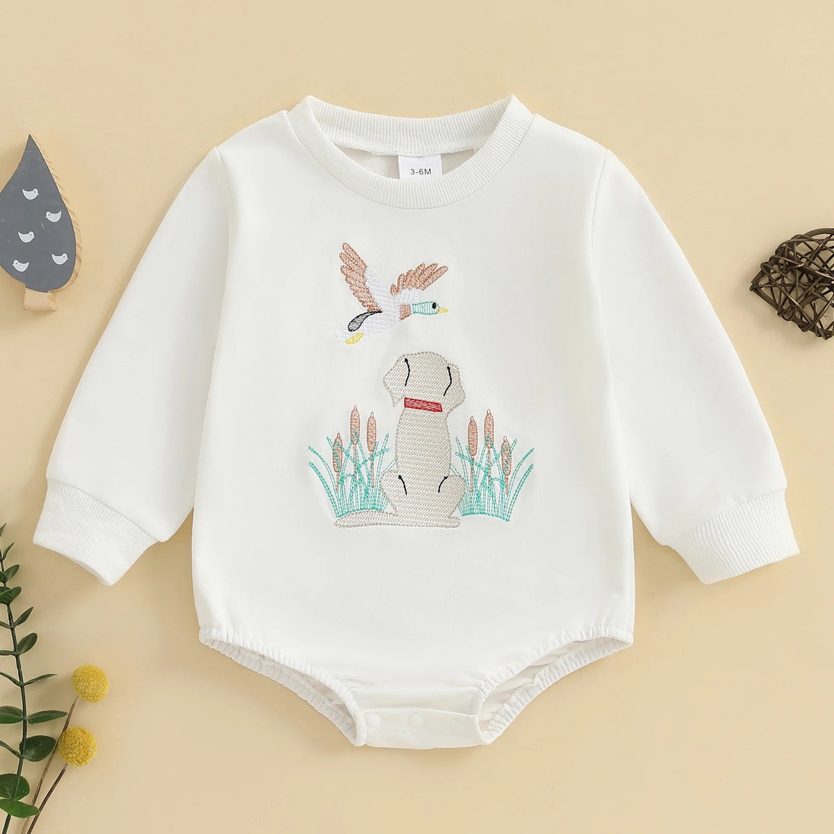 Infant Boys Fall Overalls with Long Sleeves and Crew Neck Featuring Adorable Duck Embroidery on Sweatshirt Style Romper - Clothesfassion.store
