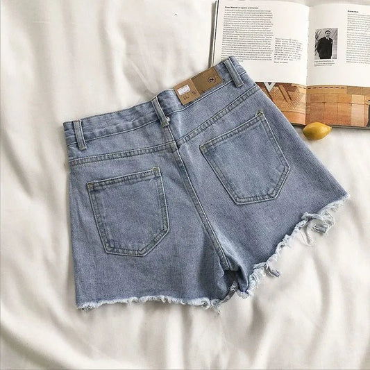 Korean Denim Shorts Women Summer Fashion Casual High Waist Ripped Jeans Pocket Tassel Y2K Hot Pants Streetwear Blue Trousers - Clothesfassion.store