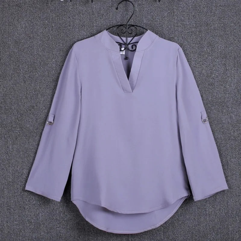 Large size 5XL blouse long - sleeved V - neck elegant ladies chiffon shirt top fashion office work shirt - Clothesfassion.store