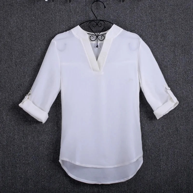 Large size 5XL blouse long - sleeved V - neck elegant ladies chiffon shirt top fashion office work shirt - Clothesfassion.store