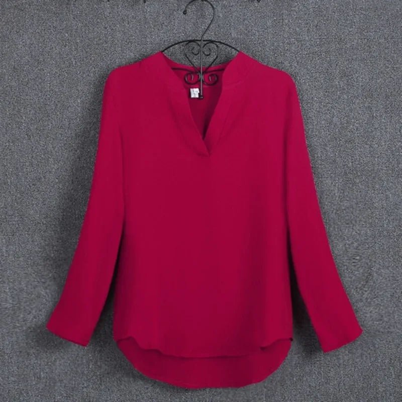 Large size 5XL blouse long - sleeved V - neck elegant ladies chiffon shirt top fashion office work shirt - Clothesfassion.store