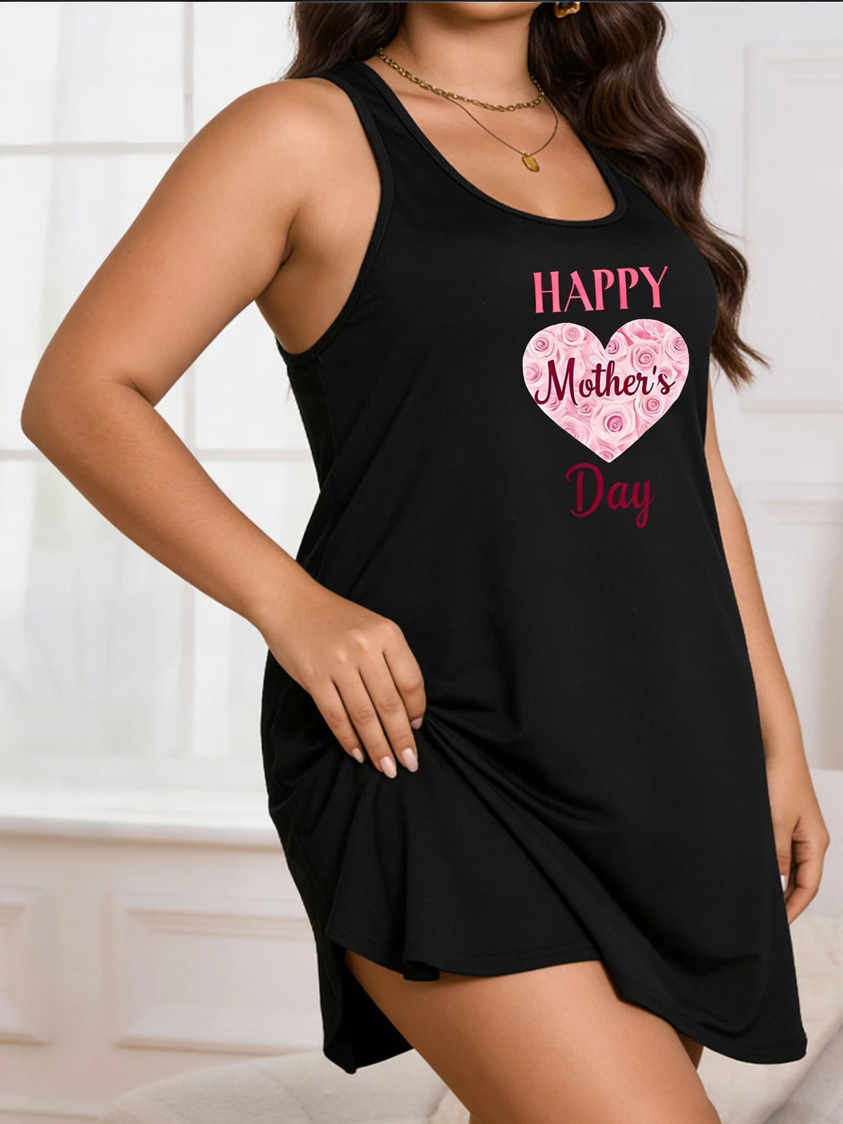 Large - size lady's Mother's Day printed sleeveless dress - Soft and casual, machine washable all seasons, round neck design - Clothesfassion.store