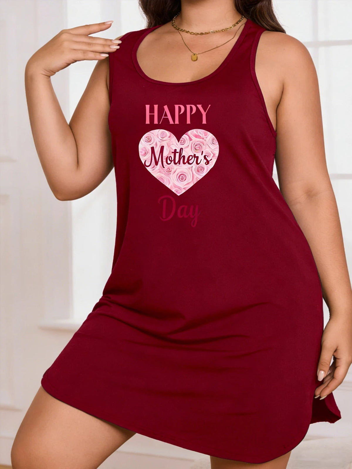 Large - size lady's Mother's Day printed sleeveless dress - Soft and casual, machine washable all seasons, round neck design - Clothesfassion.store