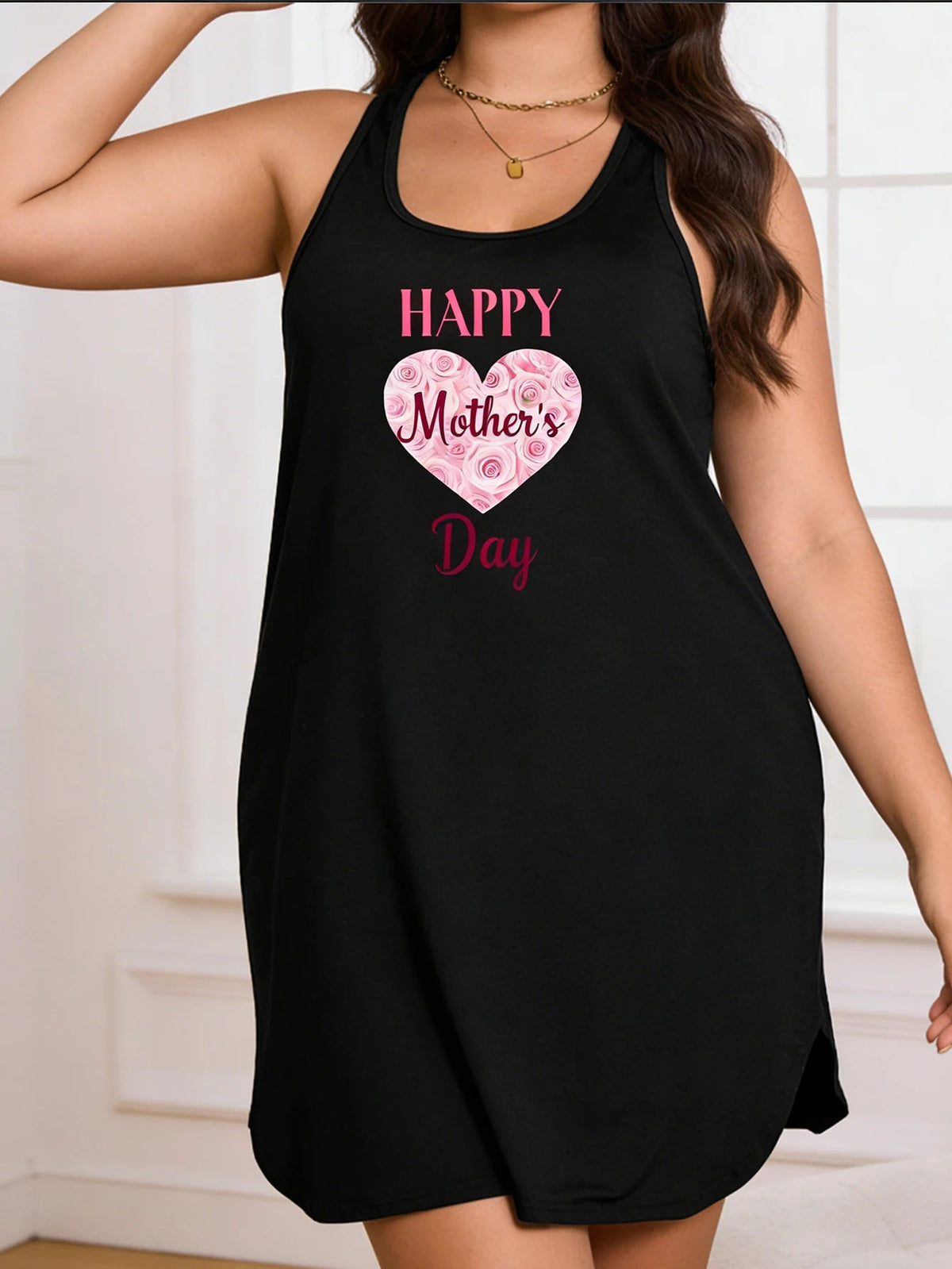 Large - size lady's Mother's Day printed sleeveless dress - Soft and casual, machine washable all seasons, round neck design - Clothesfassion.store