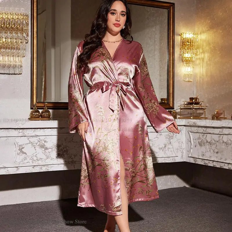 Large Size Women Long Robe Home Clothes New Print Cherry Kimono Bathrobe Gown Loose Silk Rayon Sleepwear Loungewear 3XL 4XL 5XL - Clothesfassion.store