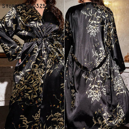 Large Size Women Long Robe Home Clothes New Print Cherry Kimono Bathrobe Gown Loose Silk Rayon Sleepwear Loungewear 3XL 4XL 5XL - Clothesfassion.store