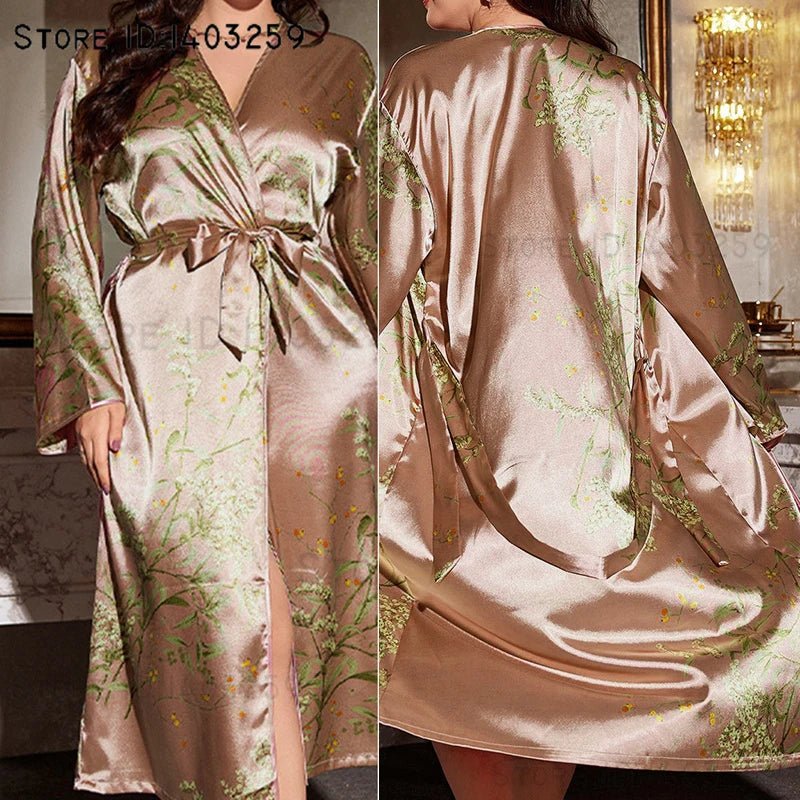 Large Size Women Long Robe Home Clothes New Print Cherry Kimono Bathrobe Gown Loose Silk Rayon Sleepwear Loungewear 3XL 4XL 5XL - Clothesfassion.store