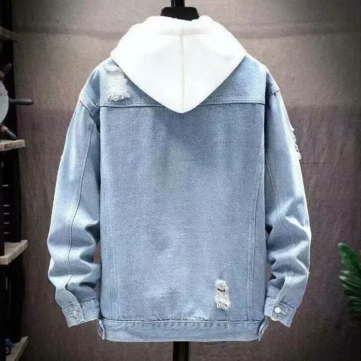 Men Denim Jacket 2025 Ripped Hole Single Breasted Coats Spliced Outerwear Jackets Pockets Casual Loose Washed Distressed - Clothesfassion.store
