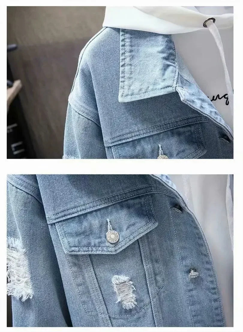 Men Denim Jacket 2025 Ripped Hole Single Breasted Coats Spliced Outerwear Jackets Pockets Casual Loose Washed Distressed - Clothesfassion.store